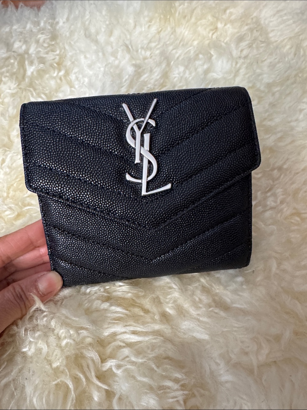 Yves Saint Laurent Black Quilted Chevron Wallet with Silver YSL Hardware